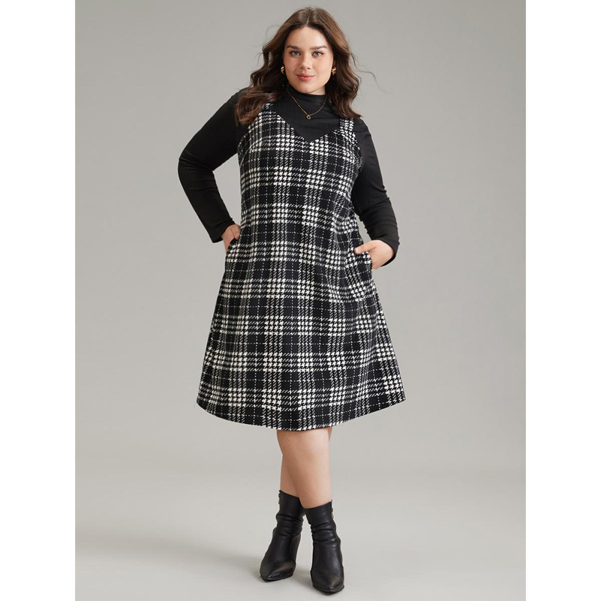 Plus Size Corduroy Plaid Pocket Cami Dress Black Women Elegant Printed Spaghetti Strap Sleeveless Curvy Midi Dress BloomChic 18-20/2X Product Image