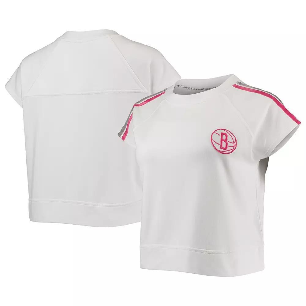 Women's Lusso White Brooklyn Nets Margot Cropped Tri-Blend Cap Sleeve Sweatshirt, Size: Small Product Image