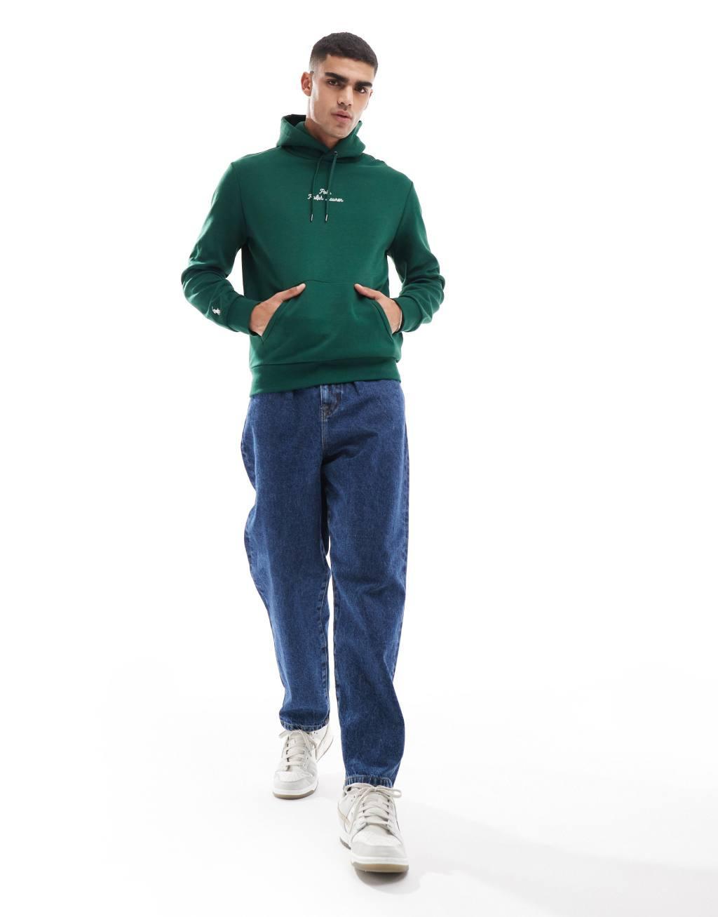 Polo Ralph Lauren central script logo double knit hoodie in dark green Product Image