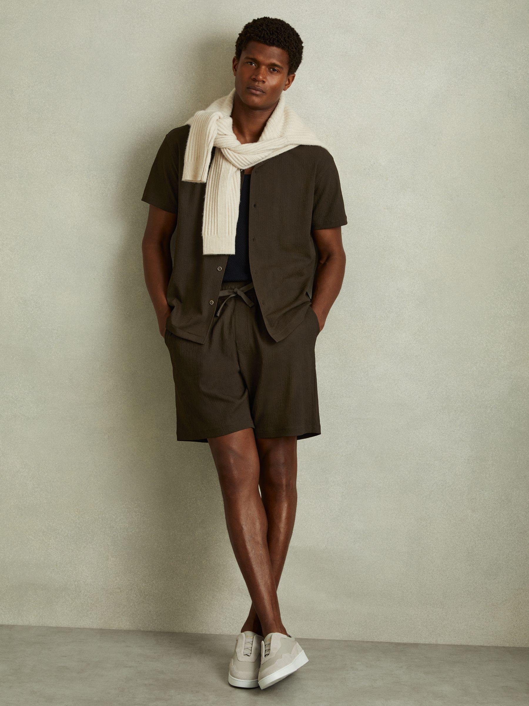 Textured Crepe Drawstring Shorts in Dark Olive Green Product Image