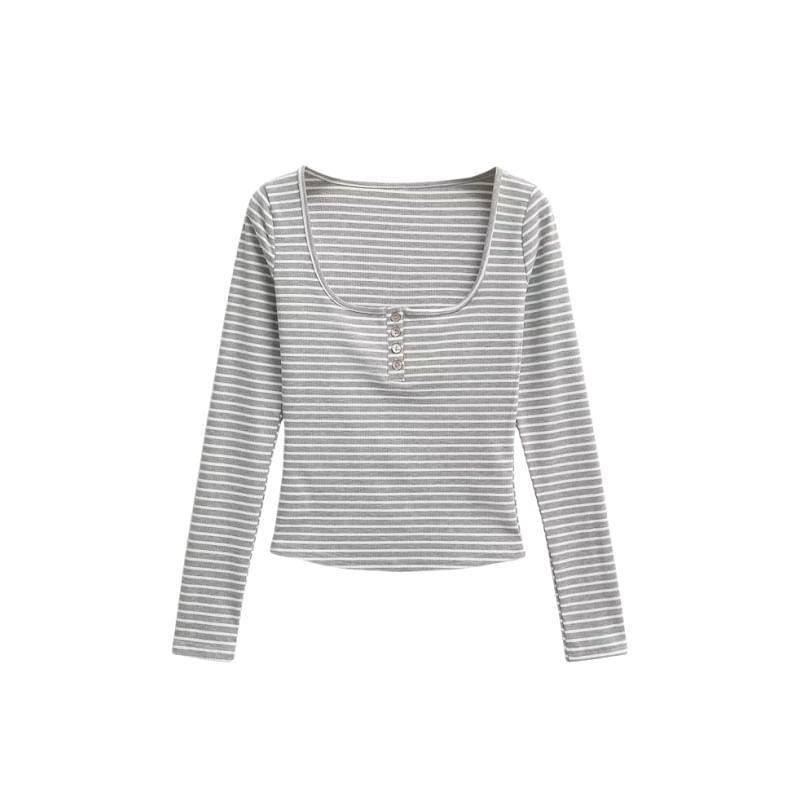 Long Sleeve Henley Striped T-Shirt Product Image