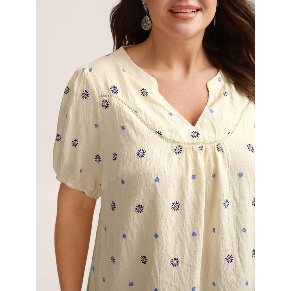Plus Size LightBlue Boho Print Notched Collar Blouse Women Short sleeve Flat collar with V-notch Vacation Blouses BloomChic 26/4X Product Image