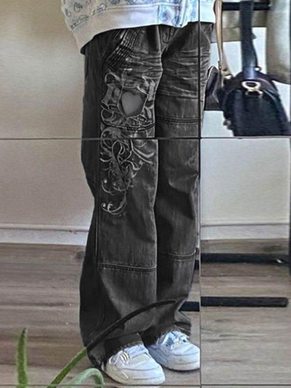 Washed Heart Pattern Cargo Jeans Product Image