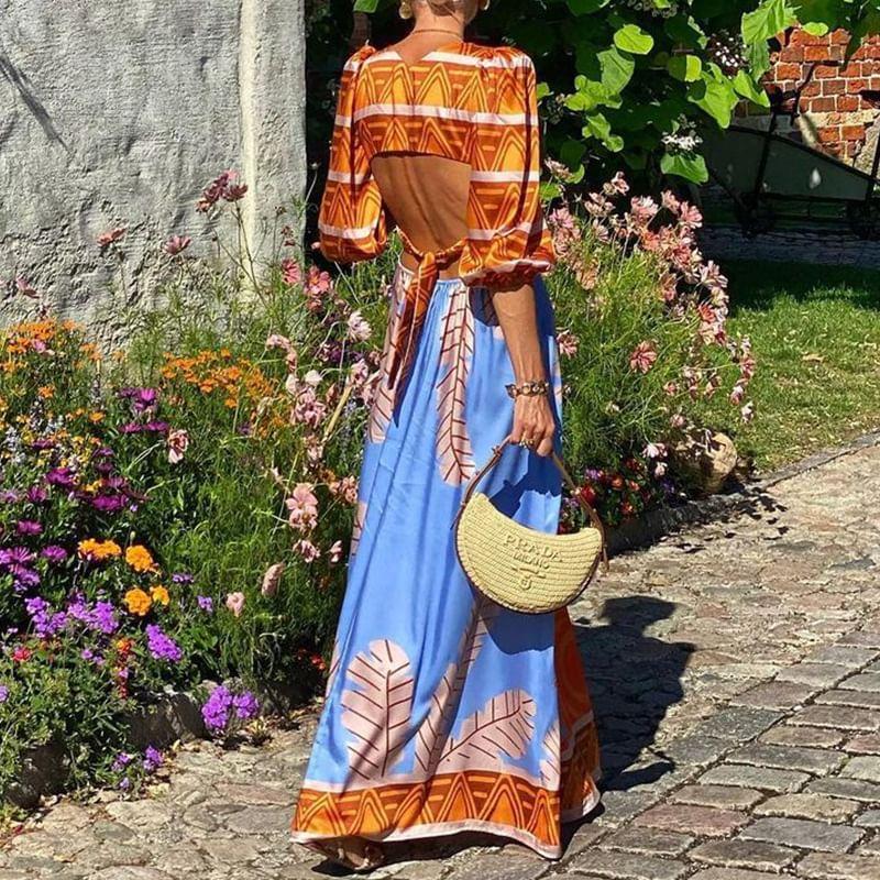 Elbow-Sleeve V-Neck Print Maxi A-Line Dress Product Image