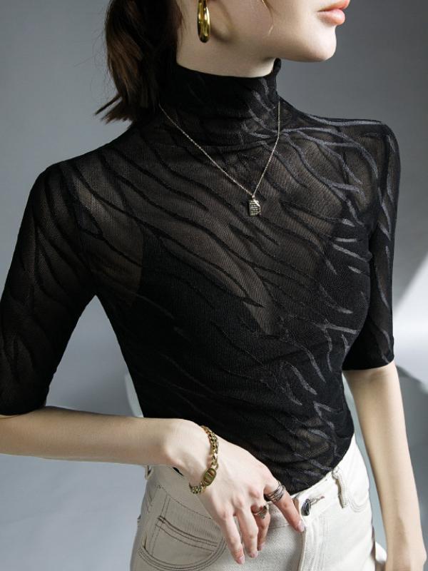 Half Sleeves Plus Size See-Through High Neck T-Shirts Tops Product Image
