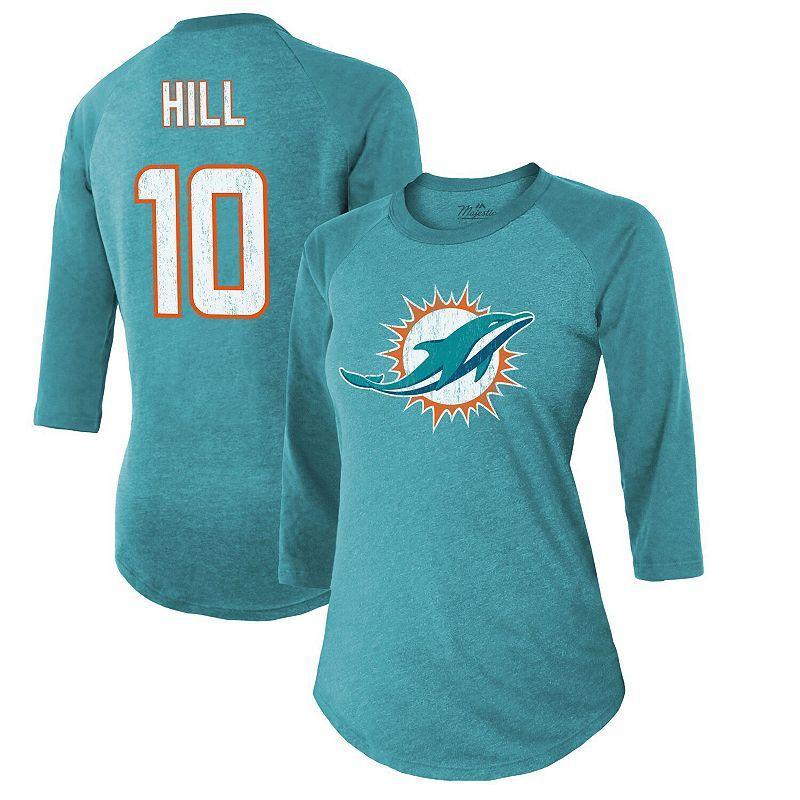Women's Majestic Threads Tyreek Hill Aqua Miami Dolphins Name & Number Raglan 3/4 Sleeve T-Shirt, Size: 2XL, Turquoise A Product Image