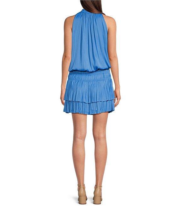 Current Air Solid Split Ruffle Neck Sleeveless Pleated Tiered Mini Dress Product Image
