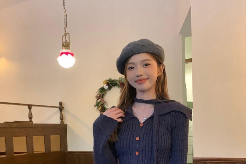 Long-Sleeve Collar Ribbed Button Knit Top Product Image