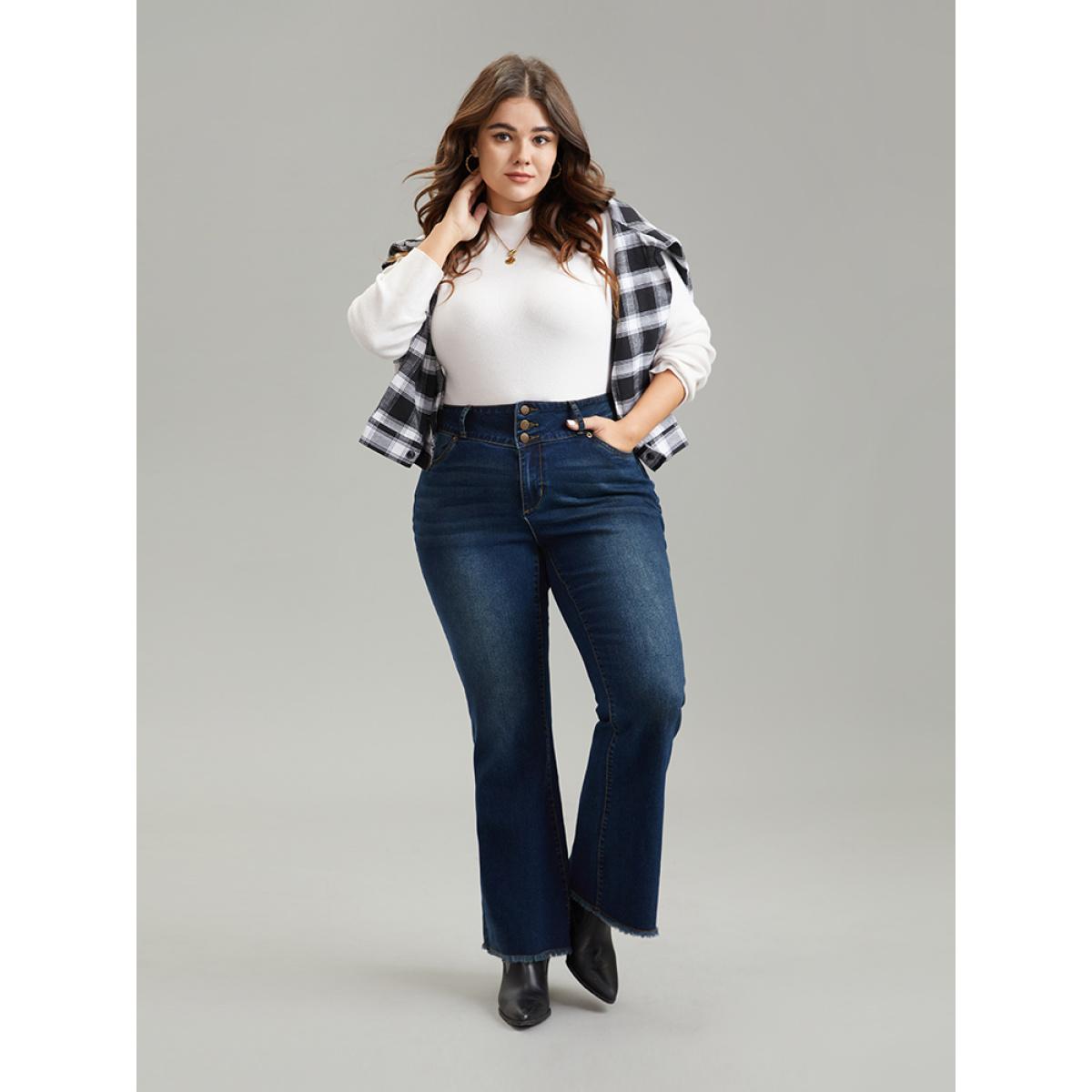Plus Size Frayed Hem Flare Leg Button Down Jeans Women DarkBlue Casual Plain Plain High stretch Pocket Jeans BloomChic 18/2X Product Image