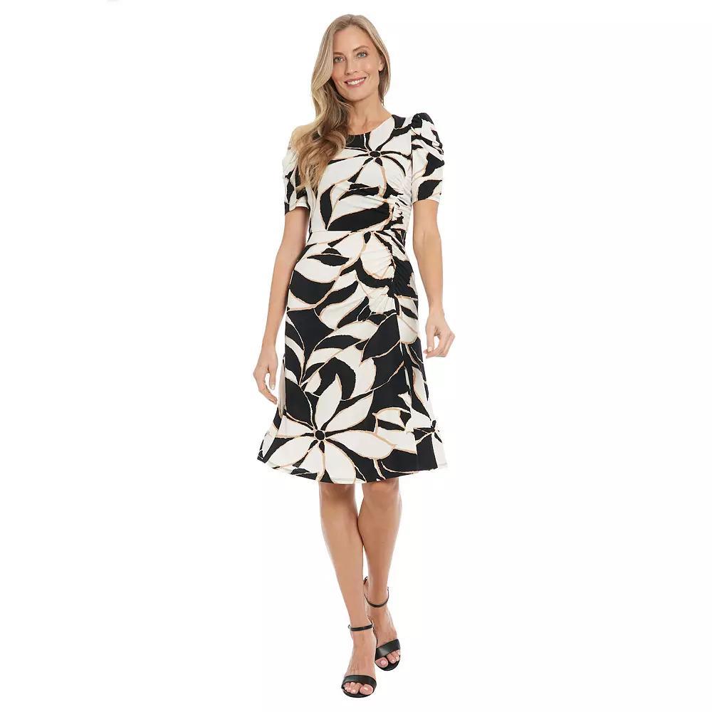 Womens London Times Puff Sleeve Jewel Neck Ruched Midi Dress Product Image