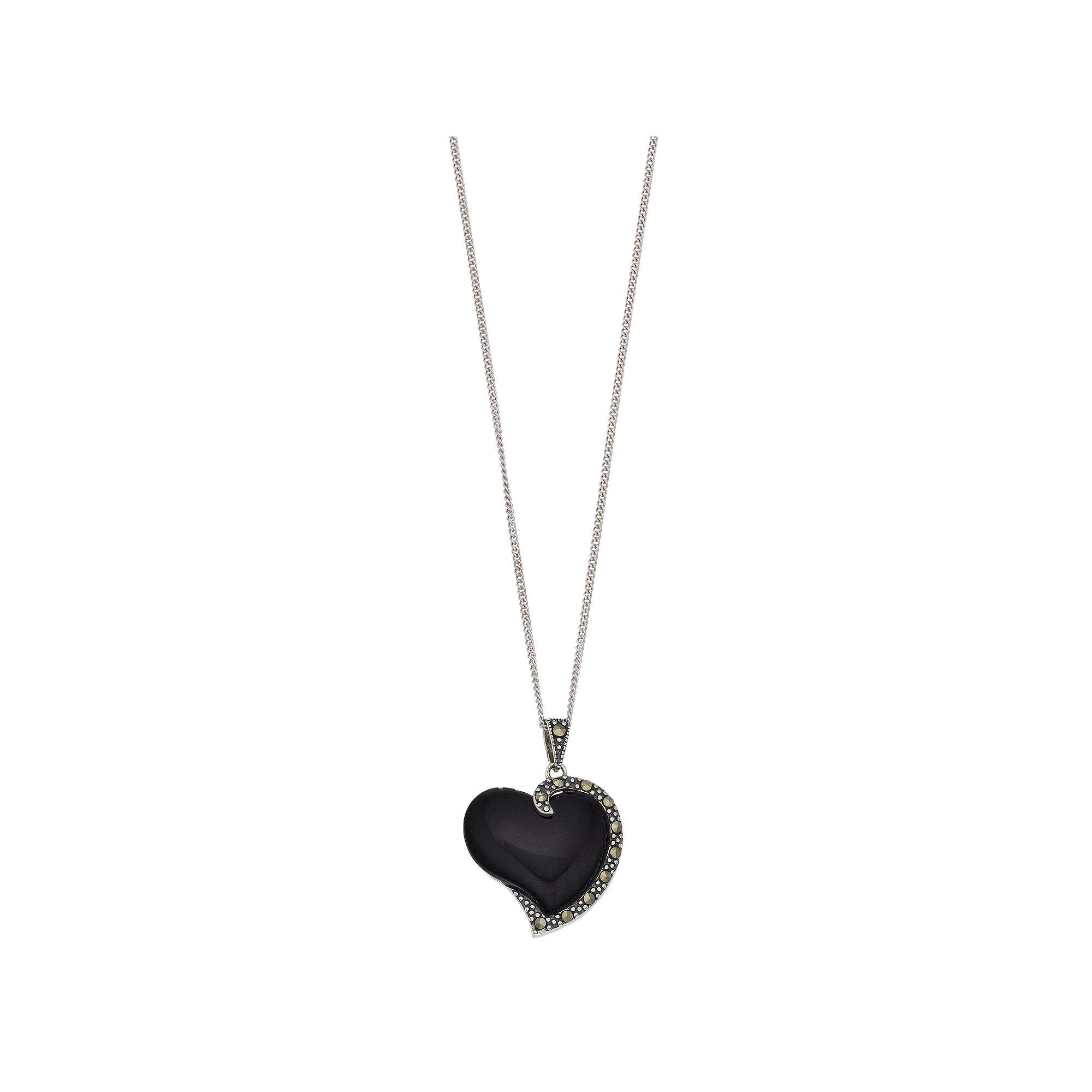 Tori Hill Sterling Silver Onyx & Marcasite Heart Pendant Necklace, Women's, Size: 18" Product Image