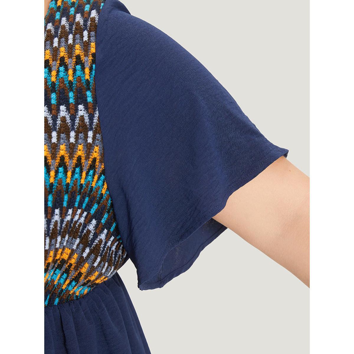 Plus Size Indigo Knit Patchwork Gathered Flutter Sleeve Blouse Women Elegant Short sleeve Square Neck Dailywear Blouses BloomChic 28/5X Product Image