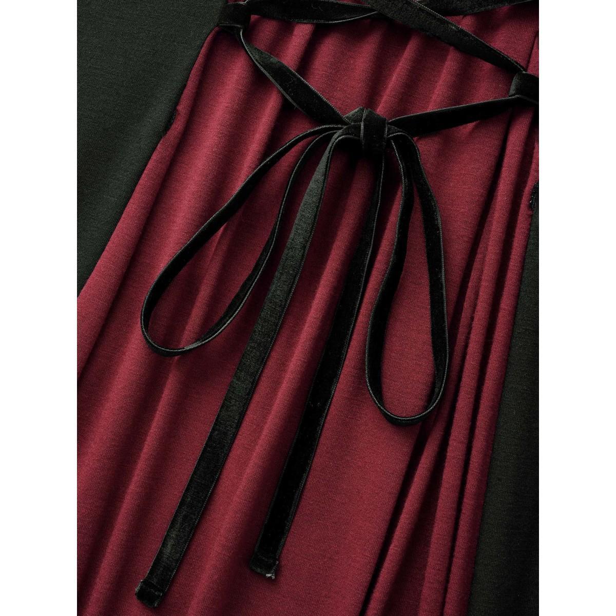 Plus Size Stretchy Knit Adjustable Tie Frill Trim Midi Dress Black Women Cocktail Wraparound straps Party Curvy Bloomchic 22-24/3X Product Image