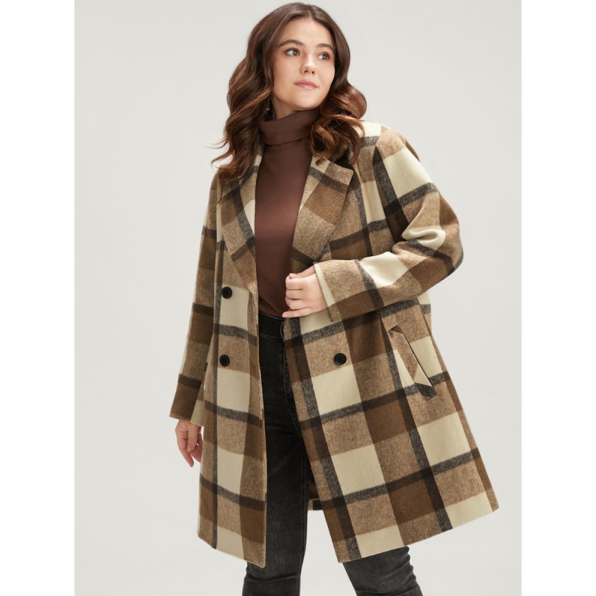 Plus Size Plaid Suit Collar Double Breasted Pocket Blazer Women Chocolate Casual Button Ladies Dailywear Winter Coats BloomChic 14-16/1X Product Image