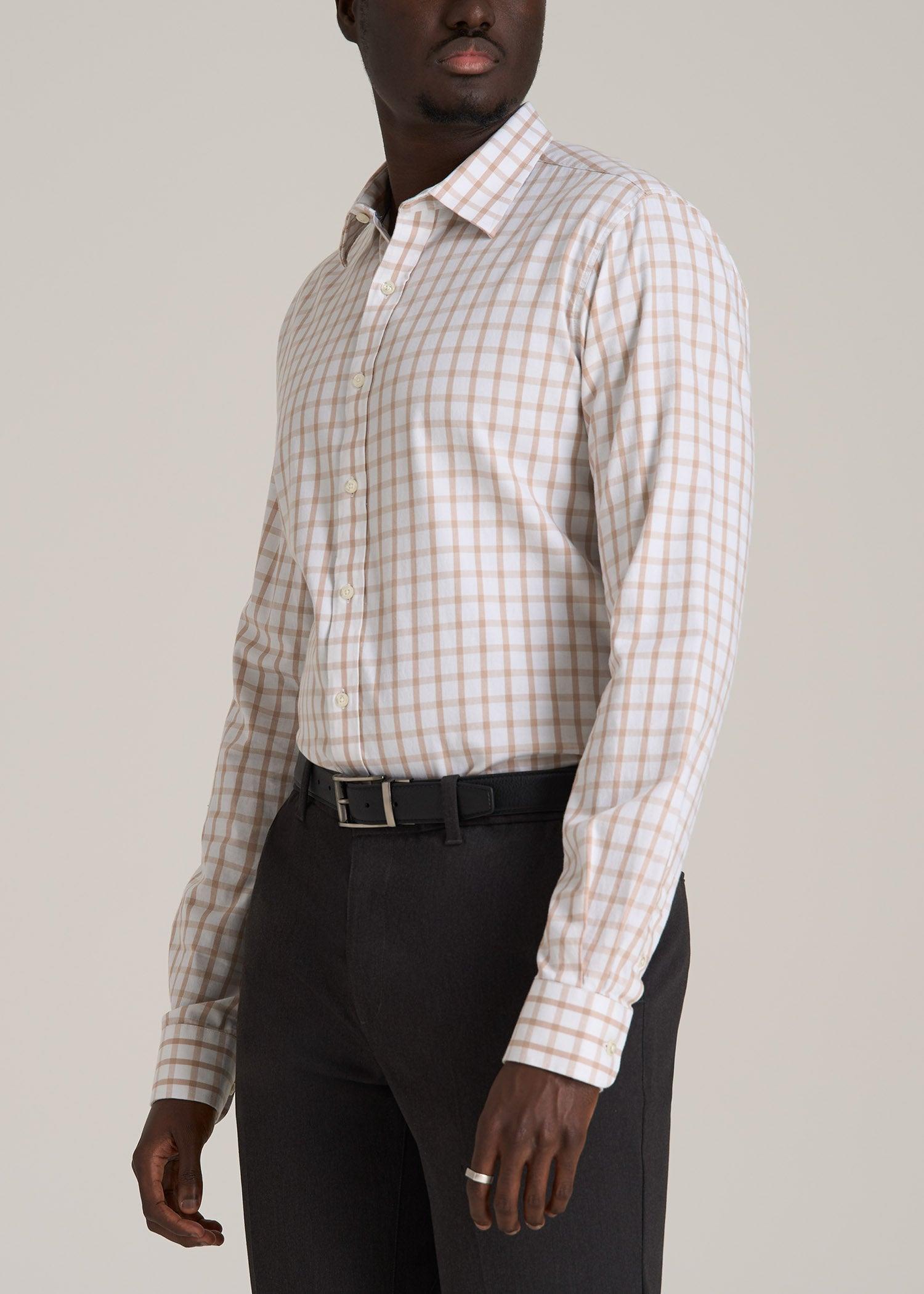 Oskar Button-Up Dress Shirt for Tall Men in Beige Grid Product Image