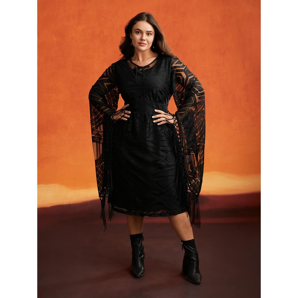 Plus Size Stretch Fabric Bell Sleeves Midi Dress Black Women Cocktail Texture Party Curvy Bloomchic 10/M Product Image