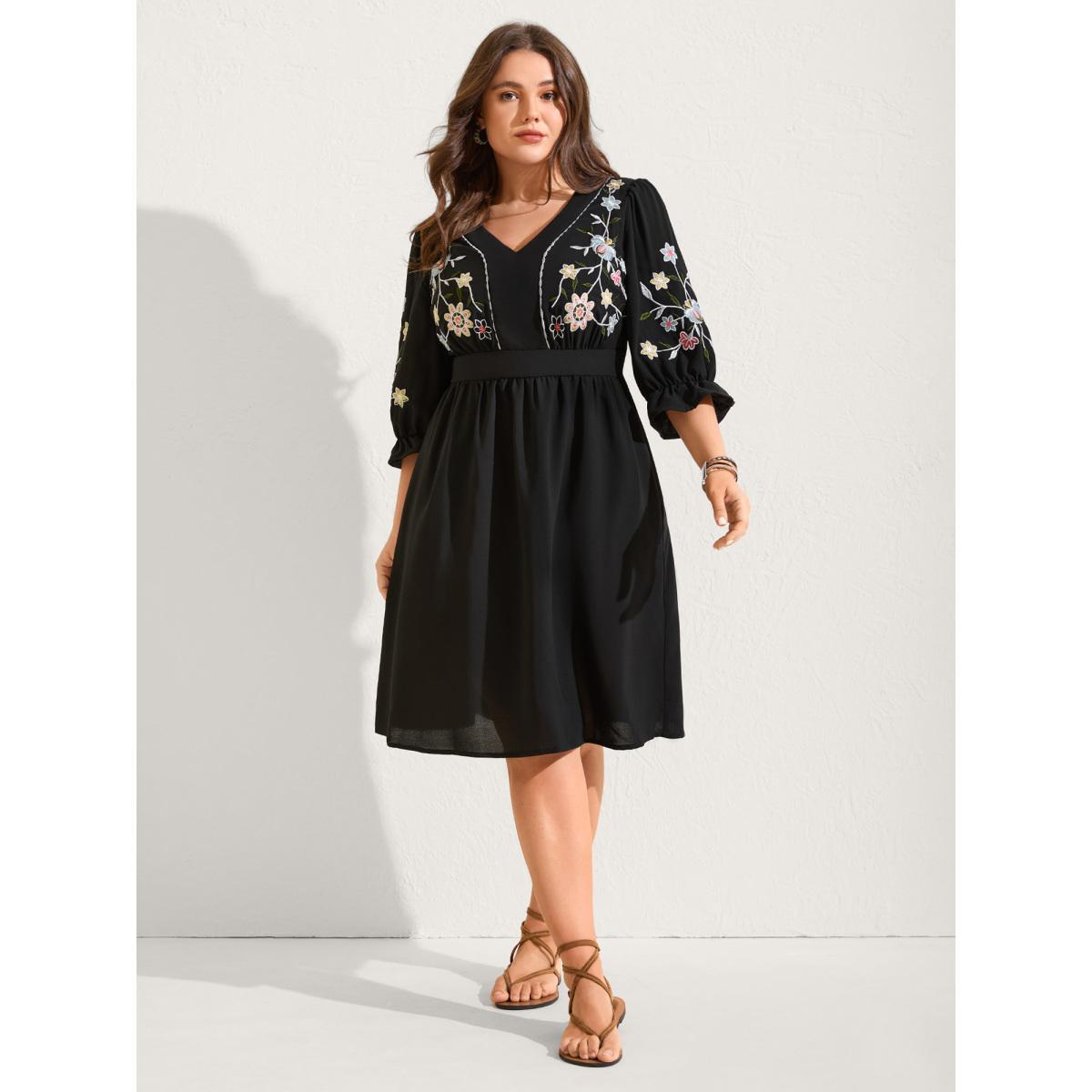 Plus Size Floral Embroidered V-Neck Pockets Knee Dress Black Women V-neck Elbow-length sleeve Curvy BloomChic 18-20/2X Product Image