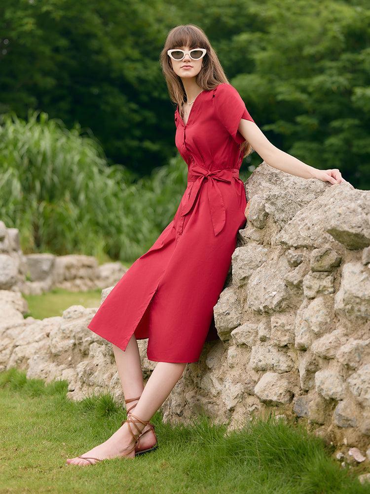 Petal Sleeves Gathered Waist V-Neck Women Midi Dress With Belt Product Image
