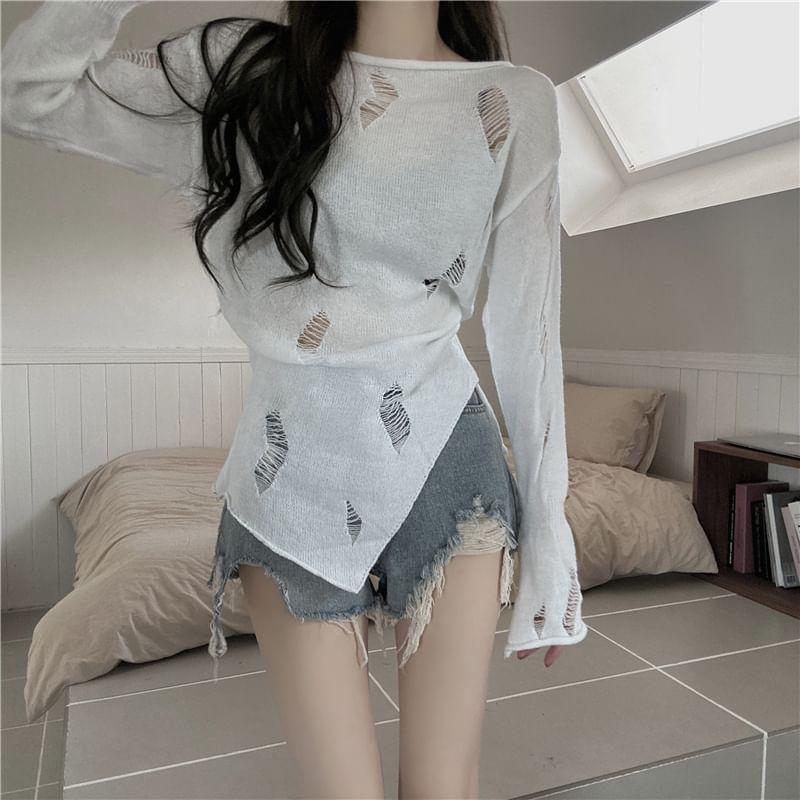Long-Sleeve Boat Neck Plain Asymmetrical Distressed Knit Top Product Image