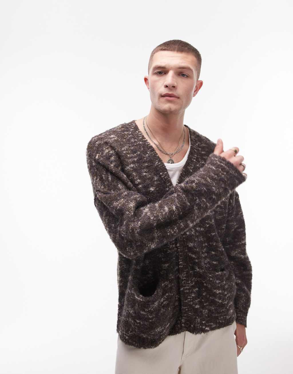 Topman relaxed fit boucle pattern cardigan in brown Product Image