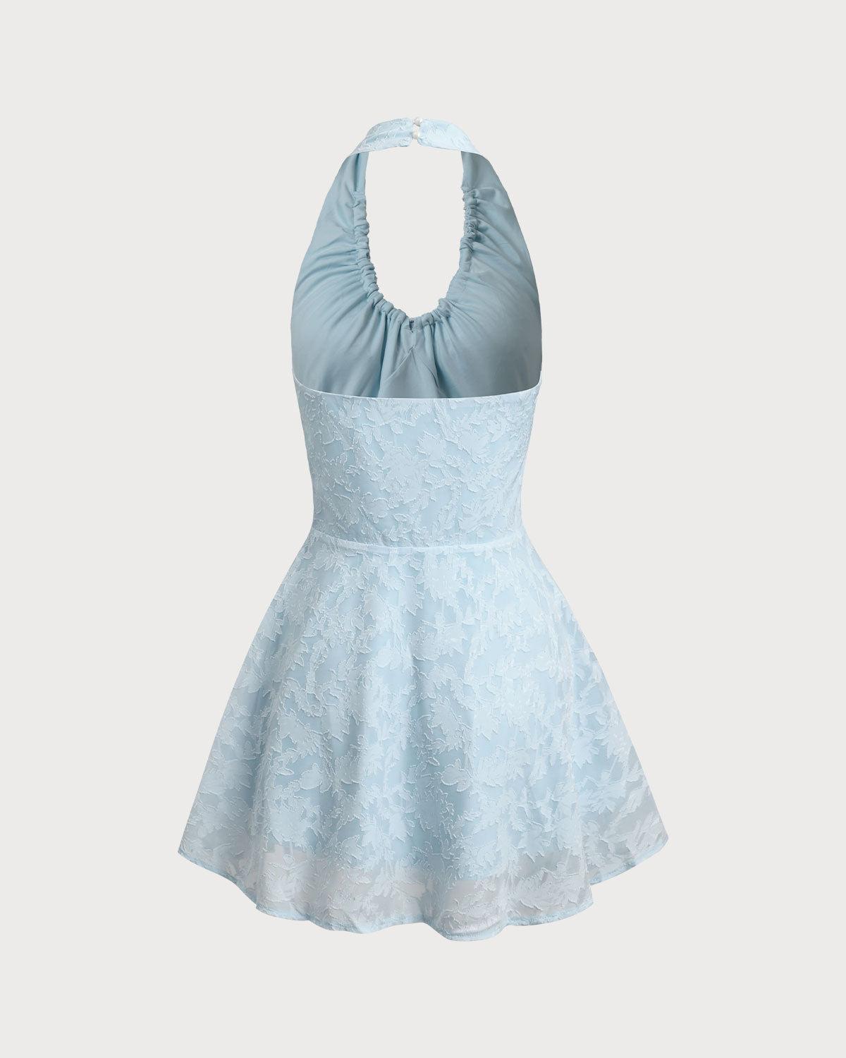 Blue Floral Halter Backless Mini Dress Product Image