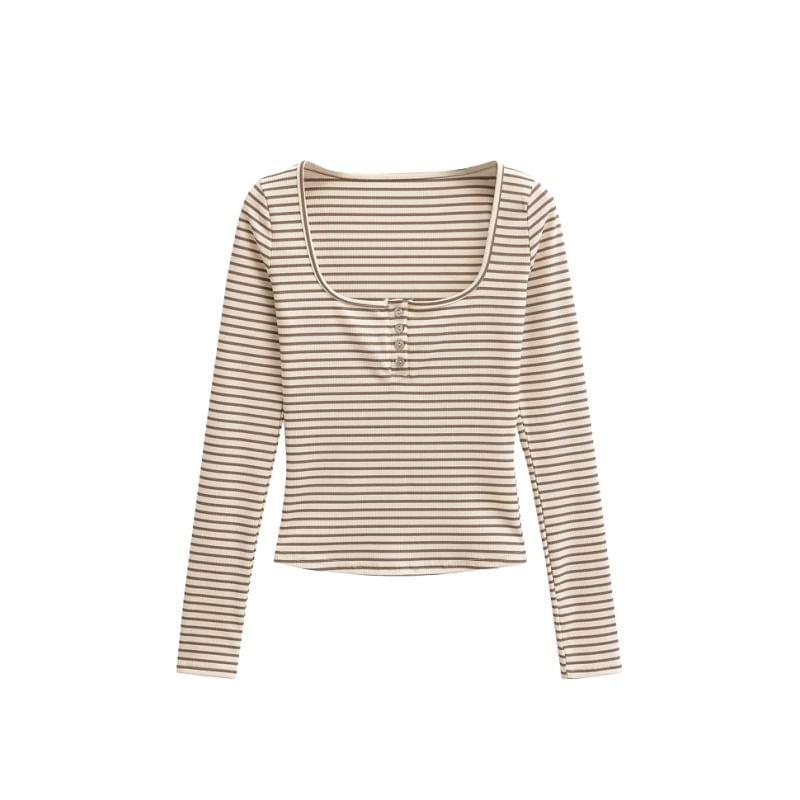 Long Sleeve Henley Striped T-Shirt Product Image