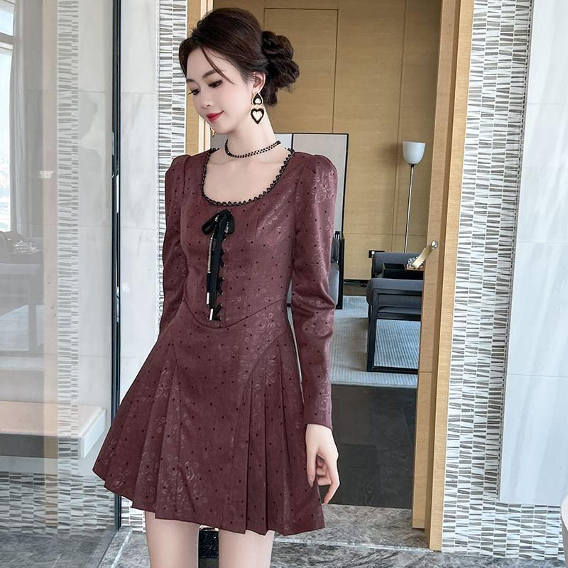 Long-Sleeve Scoop Neck Dotted Jacquard Bow Pleated Mini A-Line Dress Product Image