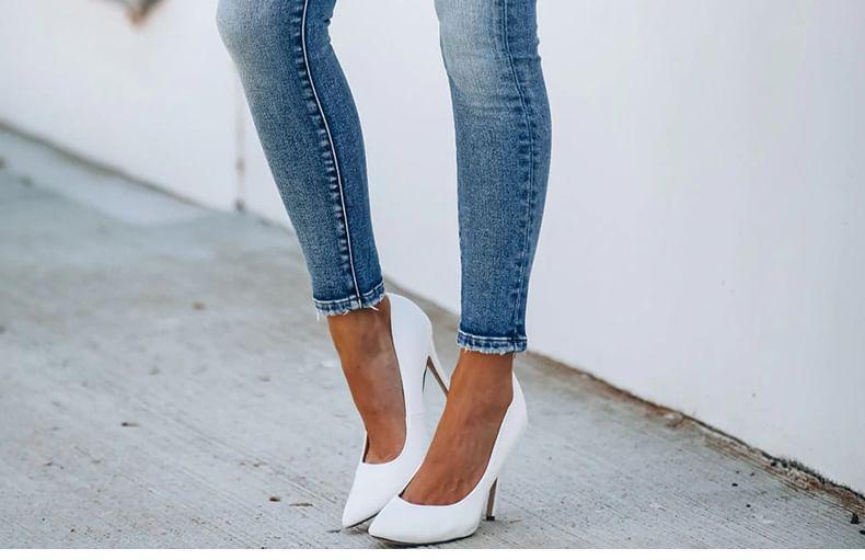 Mid Rise Button Fly Distressed Washed Skinny Jeans Product Image
