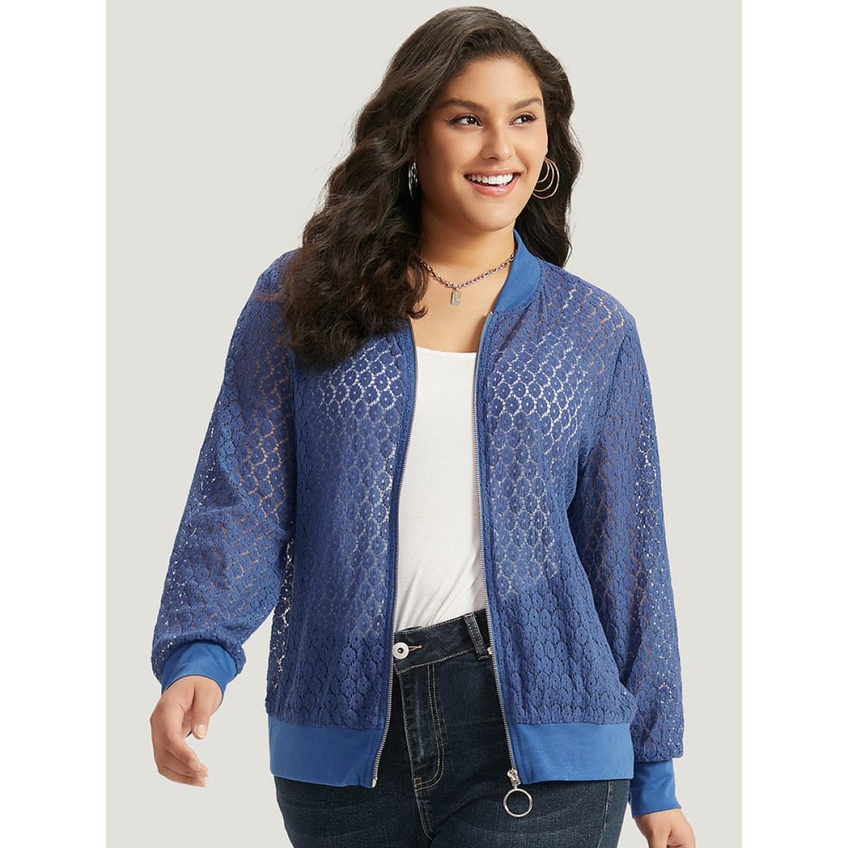 Plus Size Plain Lace Patchwork Zipper Cut Out Jacket Women Aegean Plain Dailywear Jackets BloomChic 12/L Product Image