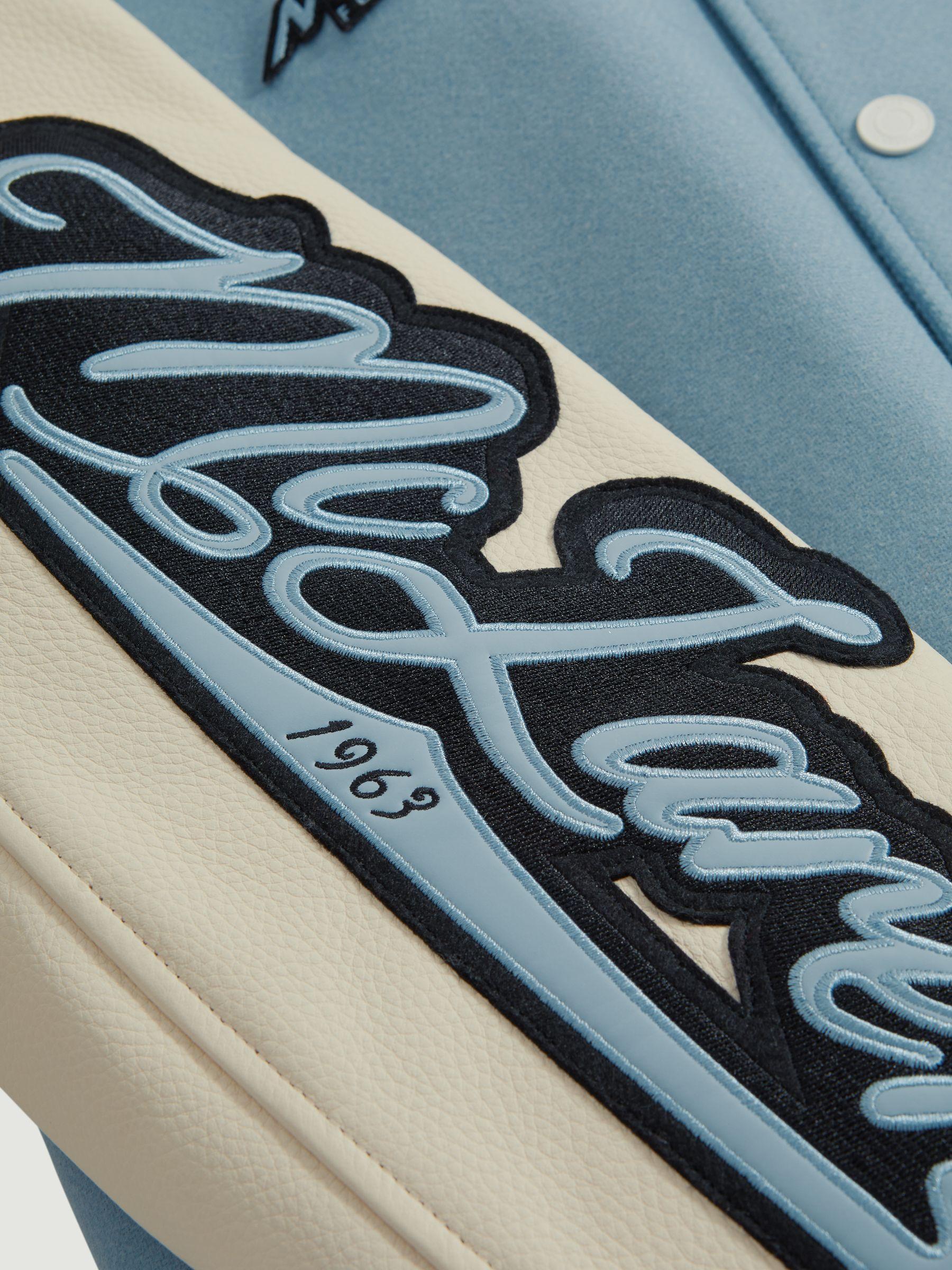 Leather Varsity Jacket in Soft Blue/Ecru Product Image