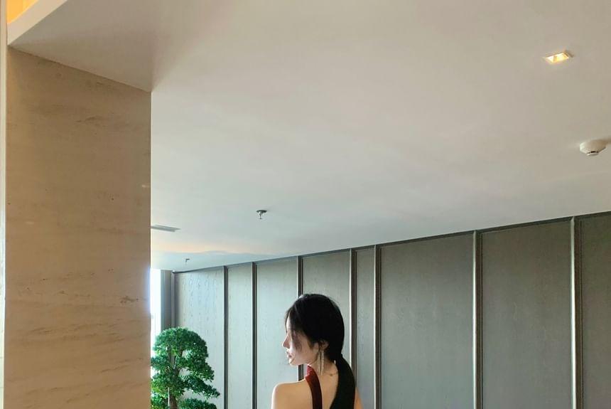Halter Plain Ruched Velvet Mini Sheath Dress Product Image