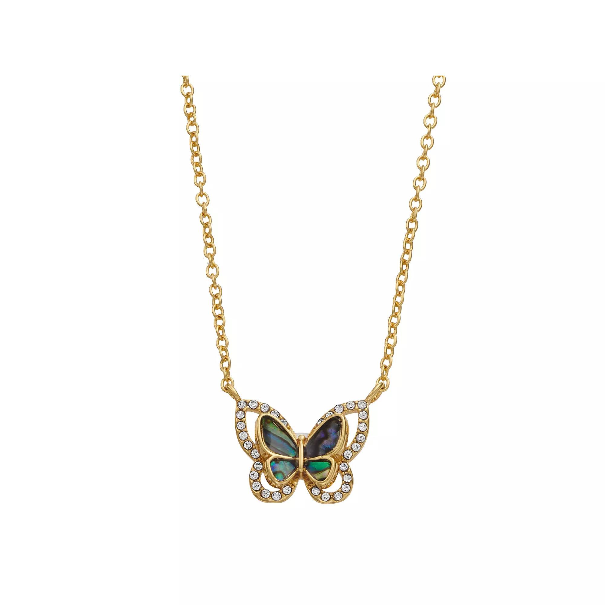 City Luxe 14k Gold-Plated Abalone & Crystal Butterfly Necklace, Women's, Gold Tone Product Image