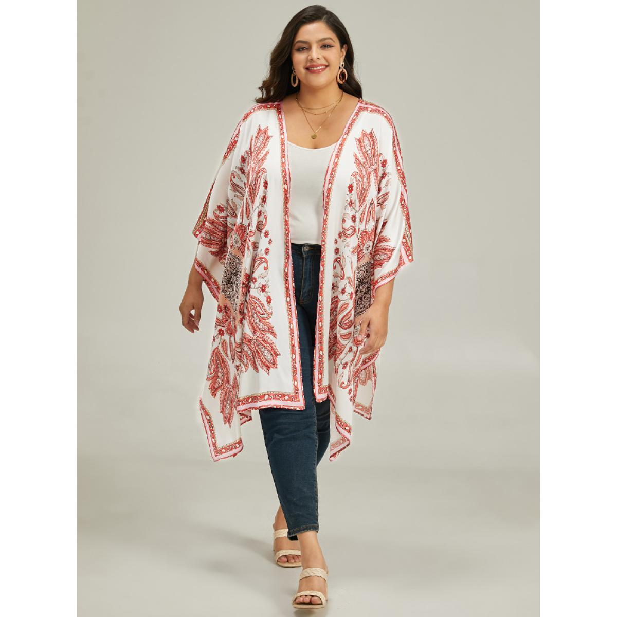 Plus Size Paisley Print Asymmetrical Hem Drape Kimono Women Brown Casual Drape Loose Dailywear Kimonos BloomChic 14-16/1X Product Image