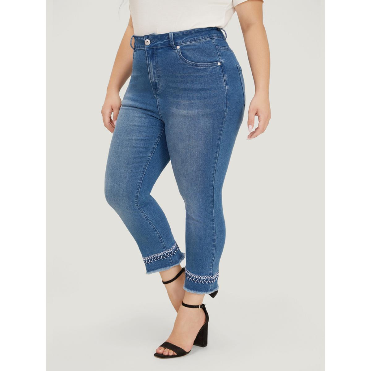 Plus Size Very Stretchy Medium Wash Embroidered Raw Hem Jeans Women Blue Elegant Plain Embroidered High stretch Pocket Jeans BloomChic 12/L Product Image