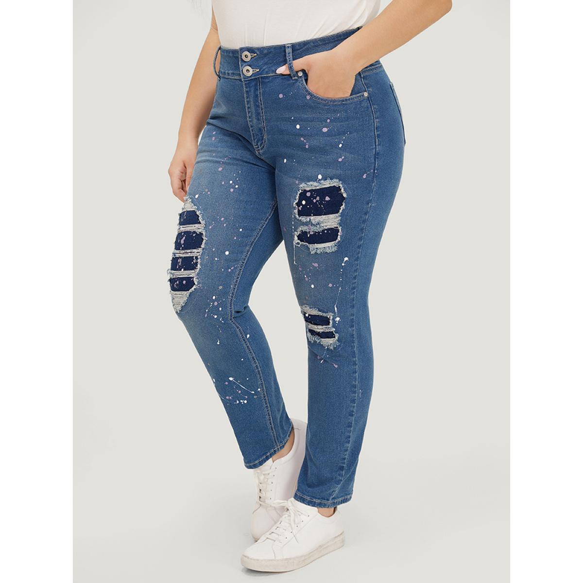 Plus Size Very Stretchy High Rise Medium Wash Paint Patched Jeans Women Blue Casual Plain Printed High stretch Pocket Jeans BloomChic 18/2X Product Image