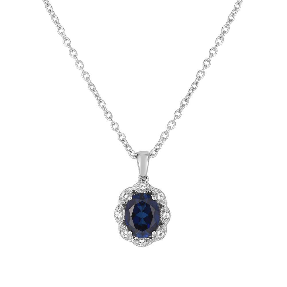 Sterling Silver Lab-Created Gemstone & White Topaz Oval Halo Pendant, Women's, Size: 18", Created Blue Blue Product Image