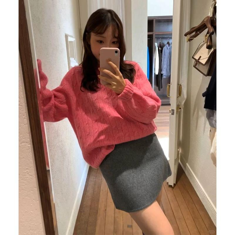 Crewneck Cable Knit Plain Sweater Product Image