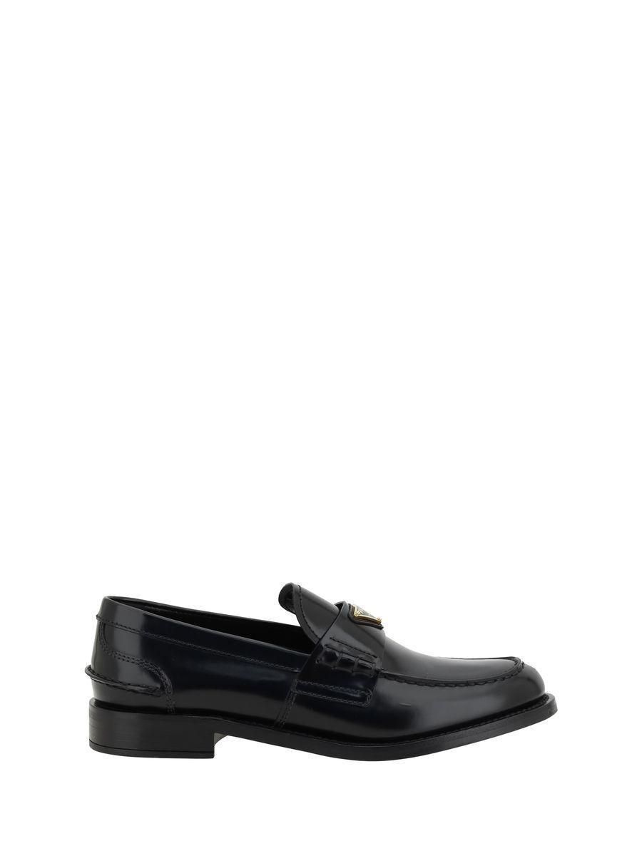 PRADA Triangle Logo Brushed Leather Loafers In Black Product Image