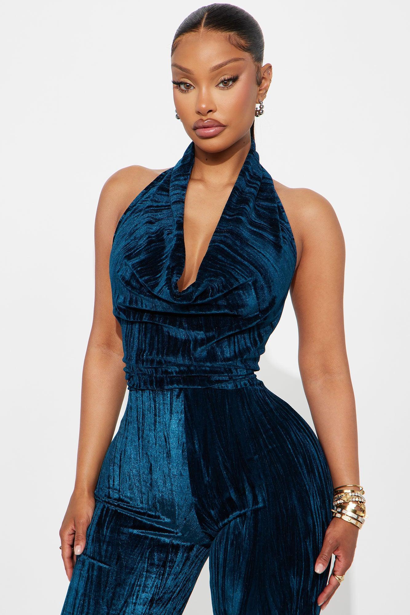 Leah Velvet Halter Flare Leg Jumpsuit - Teal Product Image