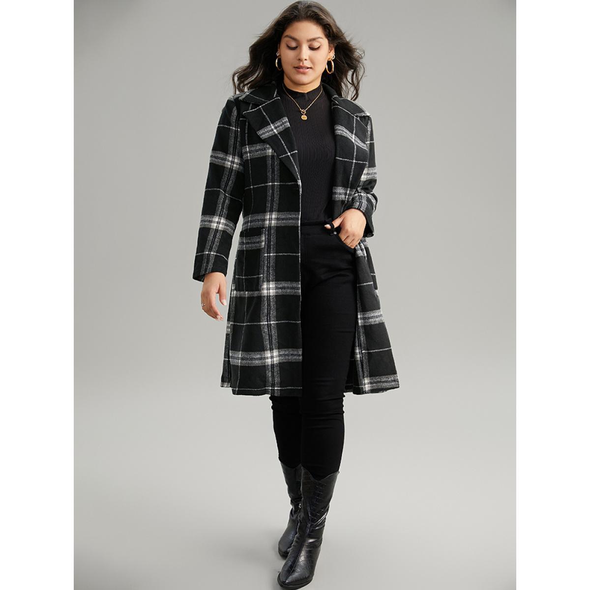 Plus Size Lapel Collar Plaid Belted Contrast Coat Women Black Casual Belted Ladies Dailywear Winter Coats BloomChic 26/4X Product Image
