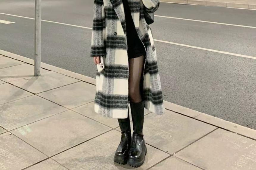Lapel Collar Plaid Midi Double-Breasted Coat Product Image