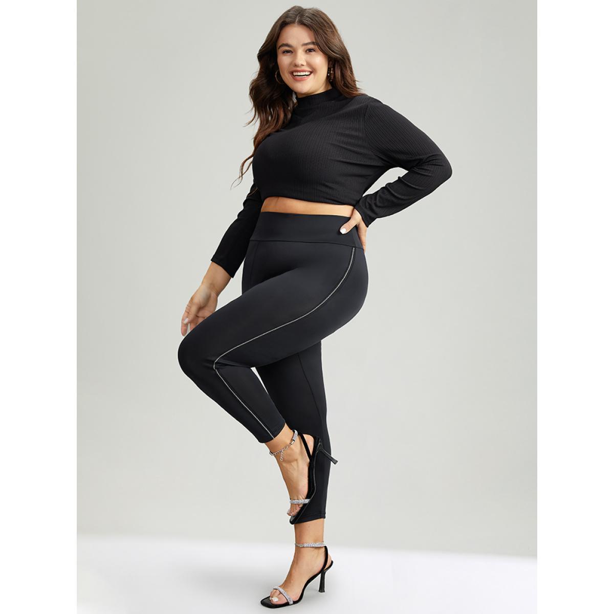 Plus Size Metal Chain Trim Mid Rise Leggings Women Black Casual Medium stretch Skinny Mid Rise Festival-Christmas Leggings BloomChic 12/L Product Image
