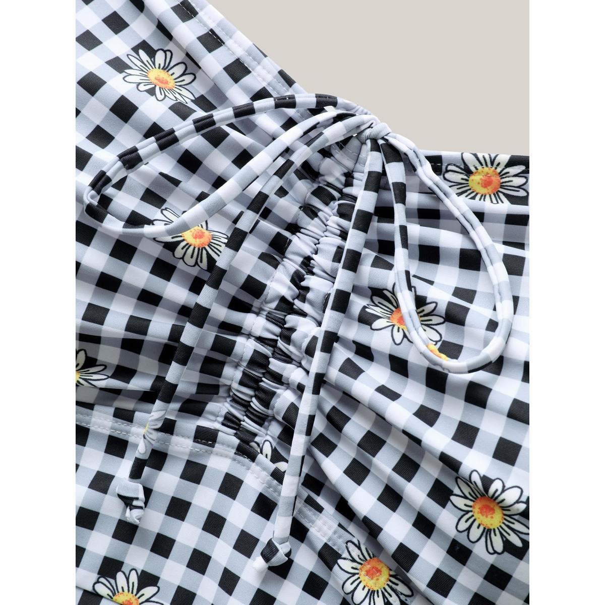 Plus Size Plaid Floral Print Drawstring One-Piece Swimsuit Women's Swimwear Black Beach Gathered Curve Bathing Suits High stretch One Pieces BloomChic 26/4X Product Image