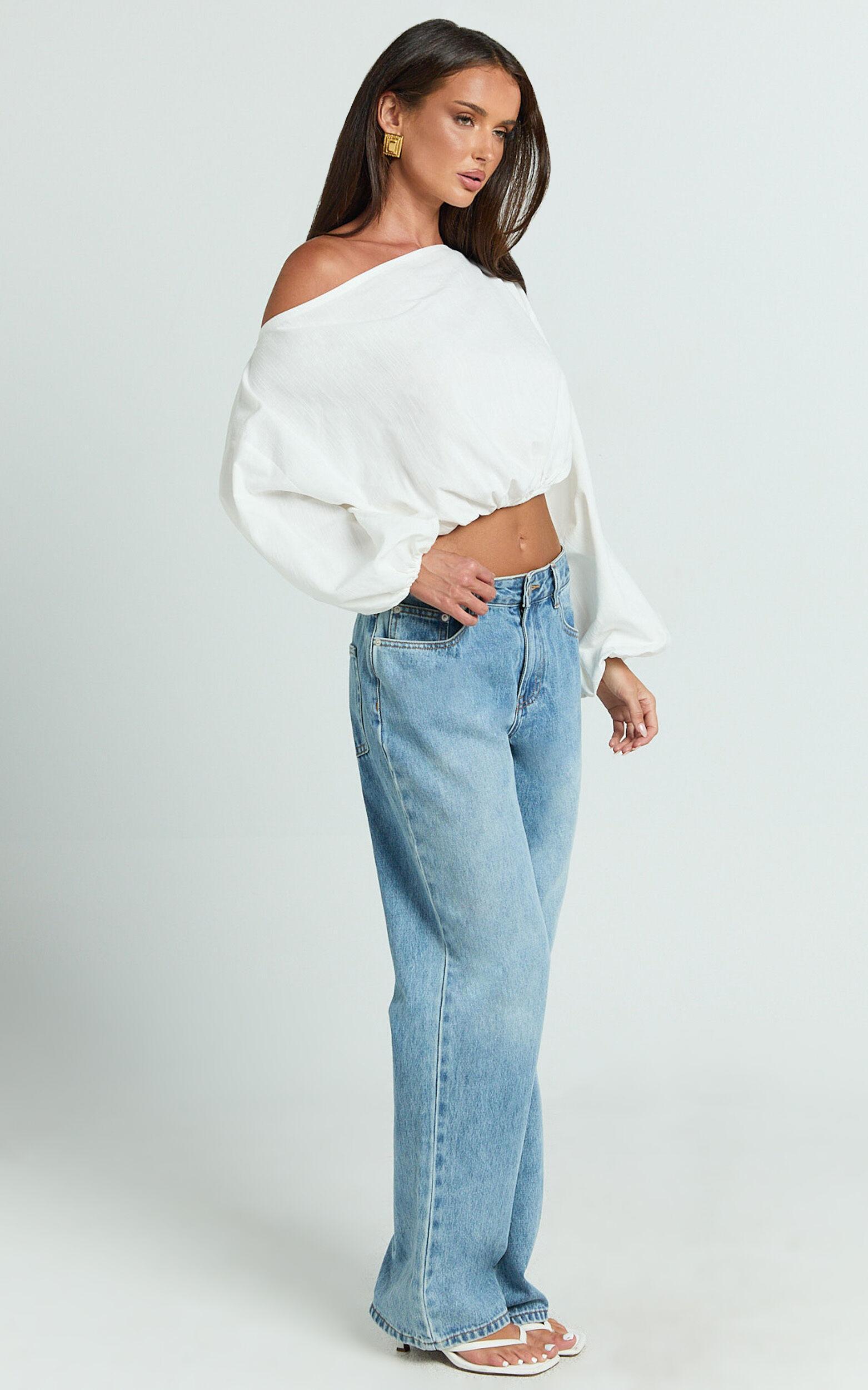 Alesia Top - Asymmetrical Boat Neck Elastic Hem Crop Top in White Product Image