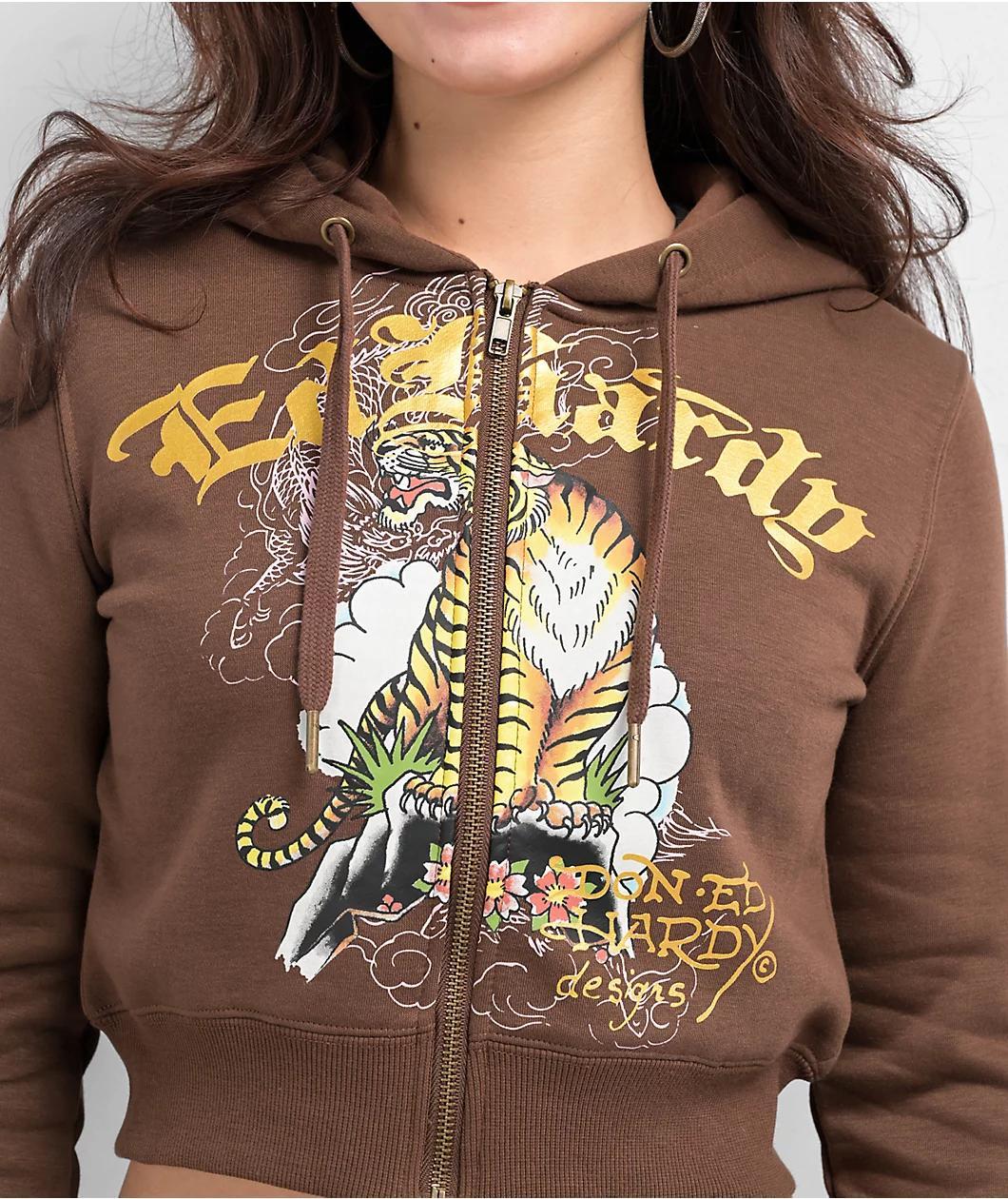 Ed Hardy Tiger Mountain Cocoa Crop Zip Hoodie Product Image