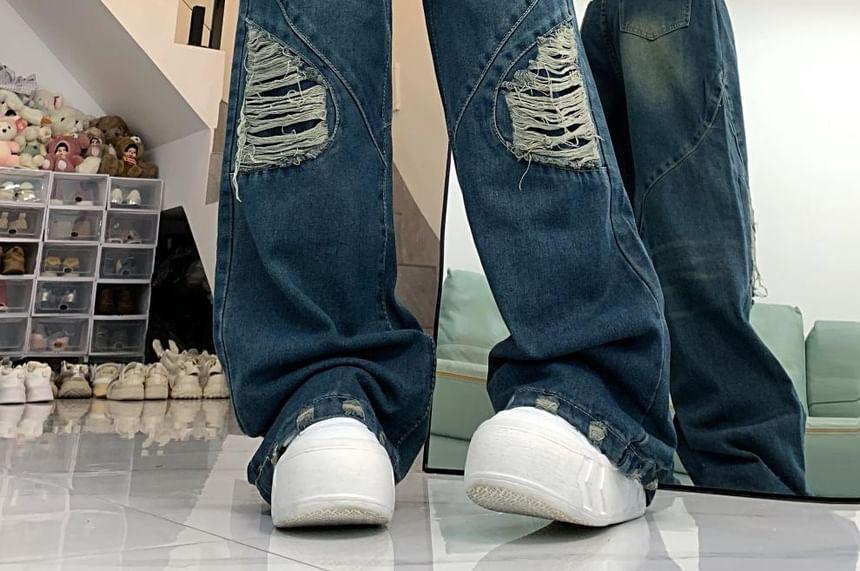 High-Waist Washed Distressed Wide-Leg Jeans Product Image