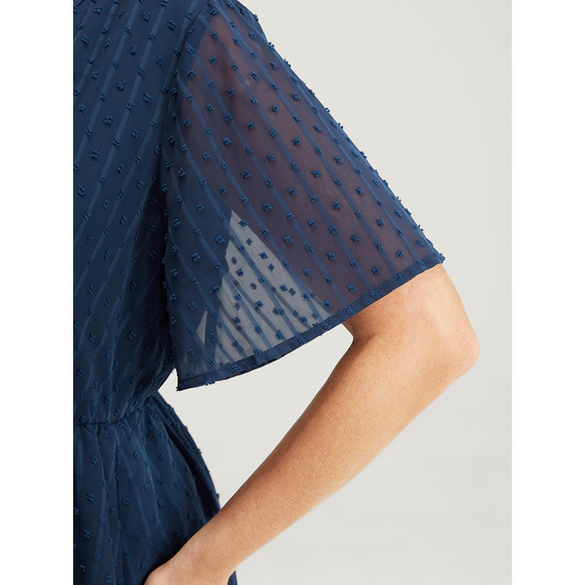 Plus Size Polka Dot Mesh Ruffle Sleeve Lace Trim Pocket Belted Dress Navy Women Elegant See through V-neck Short sleeve Curvy Midi Dress BloomChic 10/M Product Image
