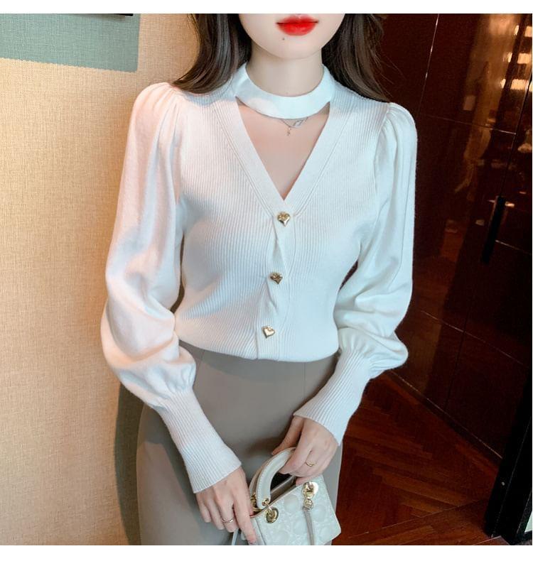 Long-Sleeve Halter Plain Cutout Heart Button Ribbed Knit Top Product Image
