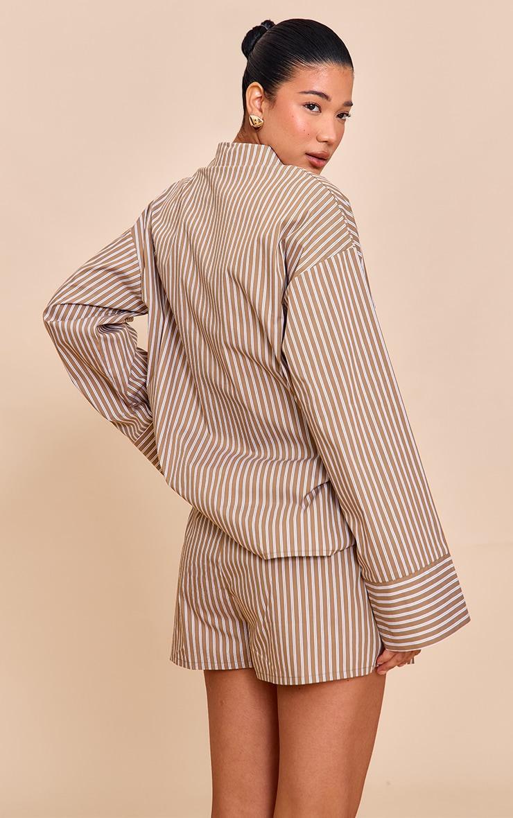 Olive Woven Pinstripe Balloon Sleeve Oversized Shirt Product Image