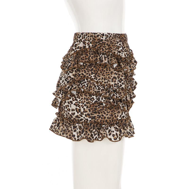 High Rise Leopard Ruffle Trim Mini Pencil Skirt Product Image